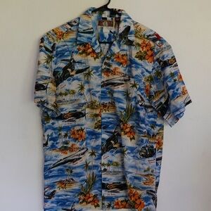 Vibrant Blue and Orange Casual Button Down Shirt with Tropical Flair